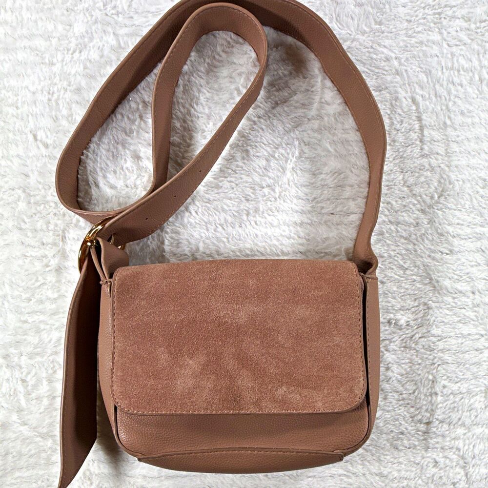 Madison West Brown Small Mauve Taupe Suede Saddle Crossbody Bag Magnetic Flap